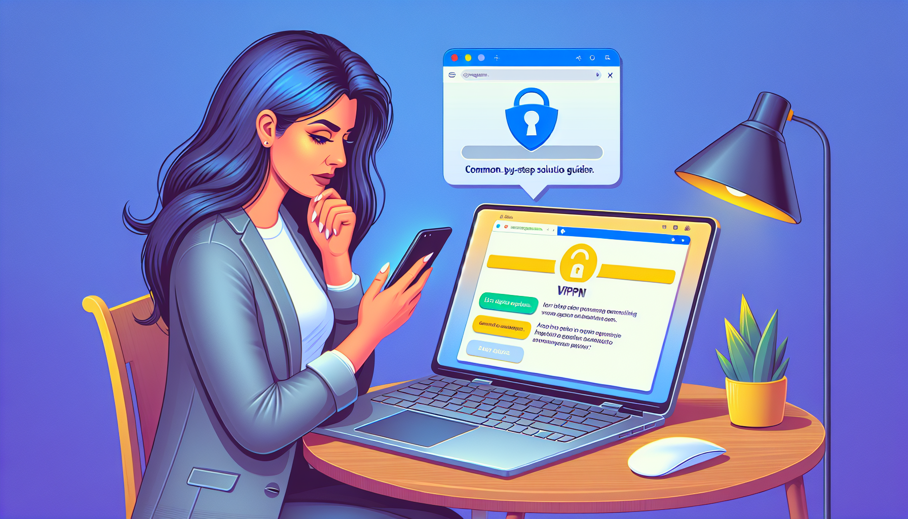 **Prompt for DALL-E:**

Create an image depicting a person using a laptop with the Chrome browser open, troubleshooting a VPN connection. The screen should show common VPN error notifications, and the person should be consulting a step-by-step guide on their phone. The background should include a home office setting with elements that indicate internet activity, such as a modem and a secure lock icon floating over the Chrome browser to symbolize secure connection attempts.

Keywords: troubleshooting VPN, Chrome browser, laptop, internet connection, secure lock icon.