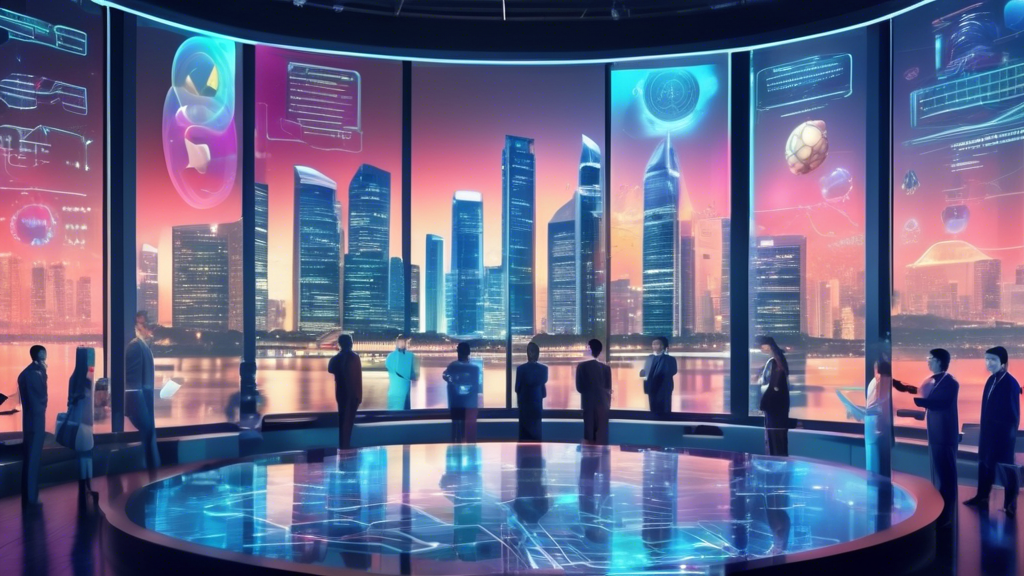 Create an image of a futuristic scene featuring complex data visualizations and charts related to Singapore Togel 2024 predictions. The environment should look sophisticated with holographic screens displaying numbers and statistical analyses. Include a diverse team of analysts collaborating and pointing at the data, with Singapore