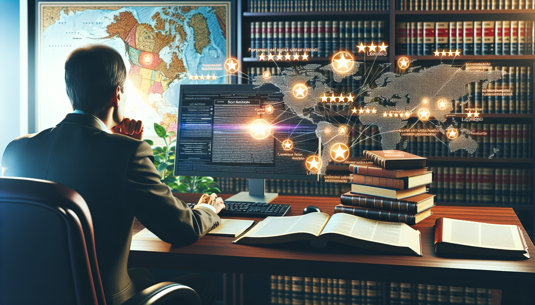 DALL-E prompt: An illustration depicting a person sitting comfortably at a desk, surrounded by various logos of top online legal directories. The desk has a computer displaying ratings and client testimonials, and nearby, a stack of printed directories and legal journals. The background should include a soft-focus map of the local area, emphasizing the search for nearby services. The atmosphere is calm and studious, as the person thoughtfully reads through the reviews.