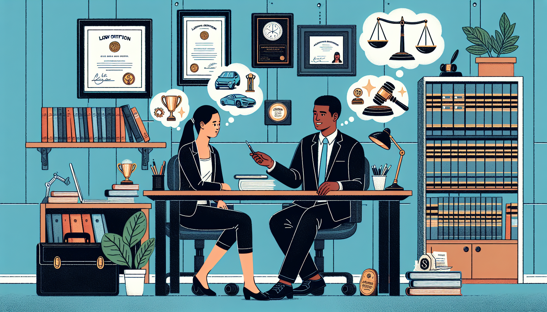 An illustrated scene of a client sitting across from an automobile accident lawyer during a consultation in a well-decorated office with diplomas and legal books in the background, highlighting the evaluative discussion with visible thought bubbles containing questions about expertise, success rates, and case handling methods.