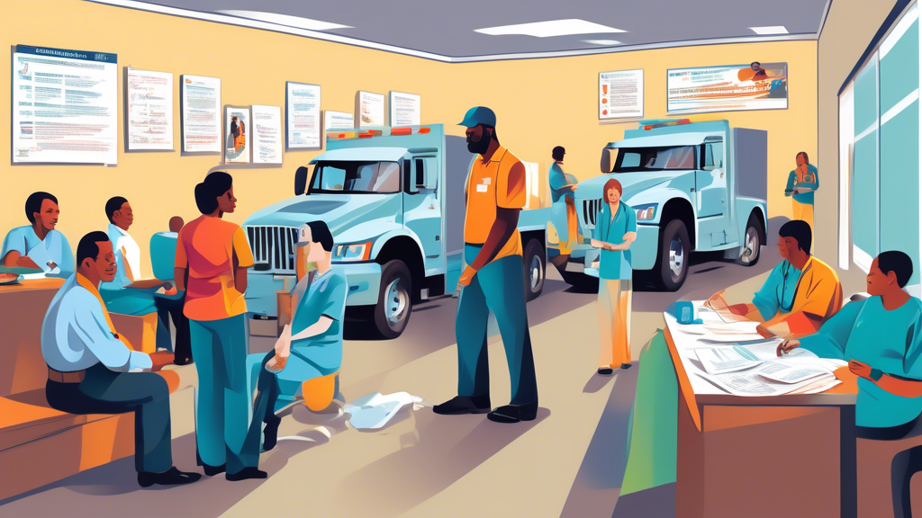 A busy clinic waiting room with commercial truck drivers preparing for their DOT medical exams. Some drivers are filling out paperwork, while others are gathering essential documents and IDs. A poster on the wall lists common health conditions screened during DOT exams, and one driver is speaking to a medical professional at the reception desk.