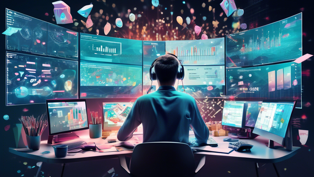 Create an image of an enthusiastic individual sitting at a cluttered desk with multiple computer screens displaying data charts, numbers, and lottery tickets. Surround the person with a futuristic ambiance, highlighting Singapore 2024 on a digital calendar. Include elements like statistical graphs, a coffee cup, and perhaps some lucky charms like a four-leaf clover or a horseshoe to depict the best strategies for using data to win the Singapore Togel lottery.