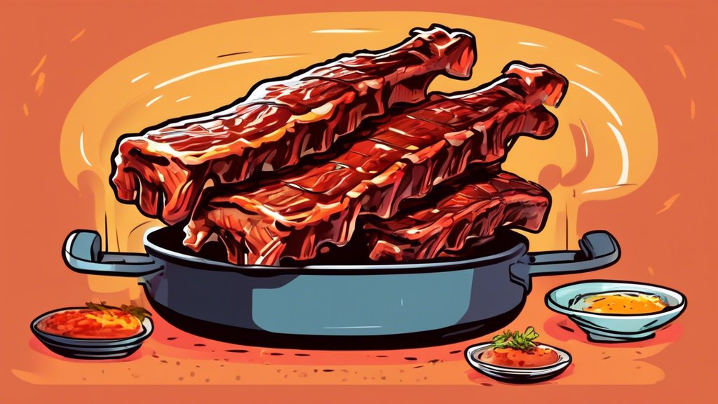 A rack of juicy spare ribs in the midst of being cooked with different methods: slow cooking in a pot, grilling on a barbecue, and baking in an oven. The ribs should look delicious and tender, and the image should highlight the various cooking methods.