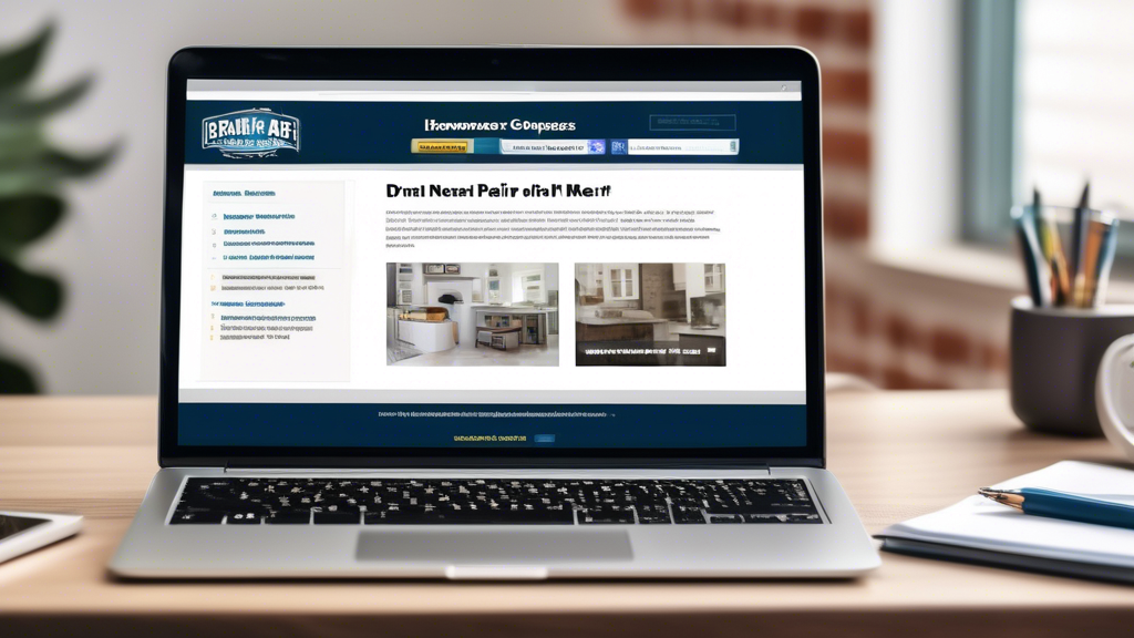 Create an image depicting a homeowner researching local drain repair companies on their laptop. The screen shows tabs with web search results for 