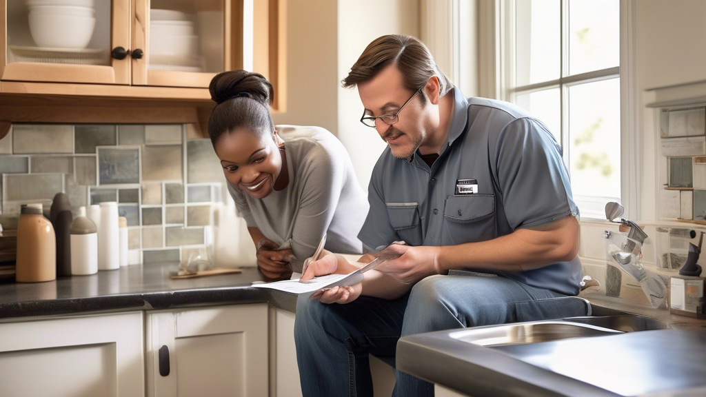Prompt for DALL-E: 

Create an image of a homeowner speaking with a drain repair professional in a kitchen setting. The homeowner is holding a checklist with questions, and the professional is pointing at a drain under the sink, providing detailed explanations. Include elements like plumbing tools and a reassuring, professional presence to emphasize understanding warranties, cost estimates, and repair processes.