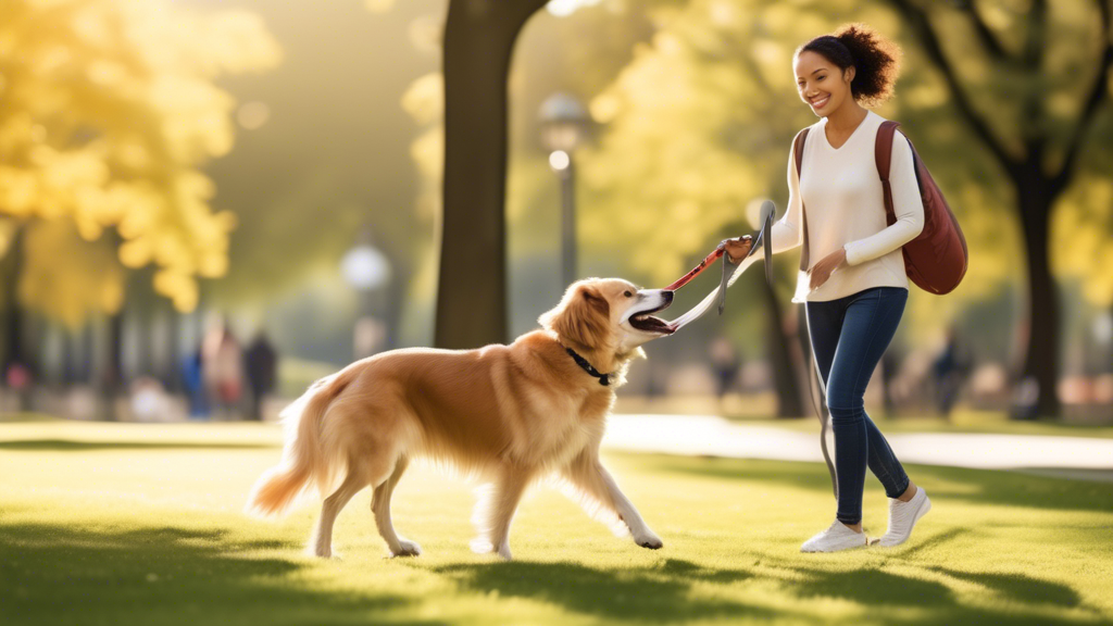 Create an image that shows a dog owner confidently walking their dog in a park while using a high-quality leash. The leash should have a sturdy handle, an adjustable length, and be made of durable material. The owner should be seen engaging in a training exercise with the dog, demonstrating good behavior and a strong bond. Include a caption that highlights the importance of using the best dog leash for effective training and enjoyable walks.