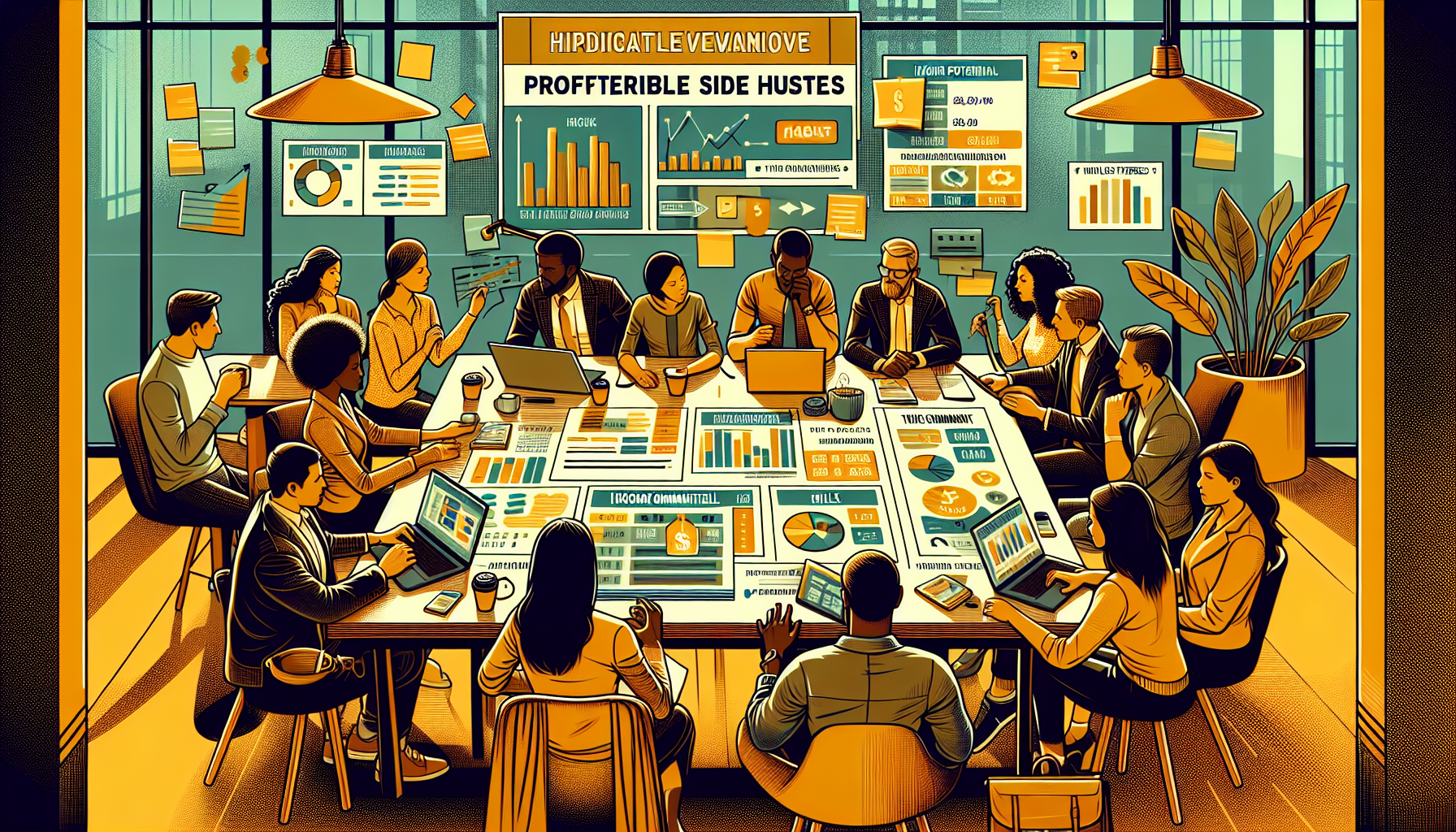 Create an image that illustrates the criteria for choosing profitable side hustles for extra money. The scene should include a diverse group of people sitting in a cozy coffee shop or around a table in a co-working space. They are engaged in a lively discussion with charts, laptops, and tablets showing different metrics on the table. Highlight key elements such as time commitment, income potential, and skills/interests on sticky notes or flowcharts. The atmosphere should feel collaborative and analytical, emphasizing the careful evaluation process behind selecting the best side hustles.