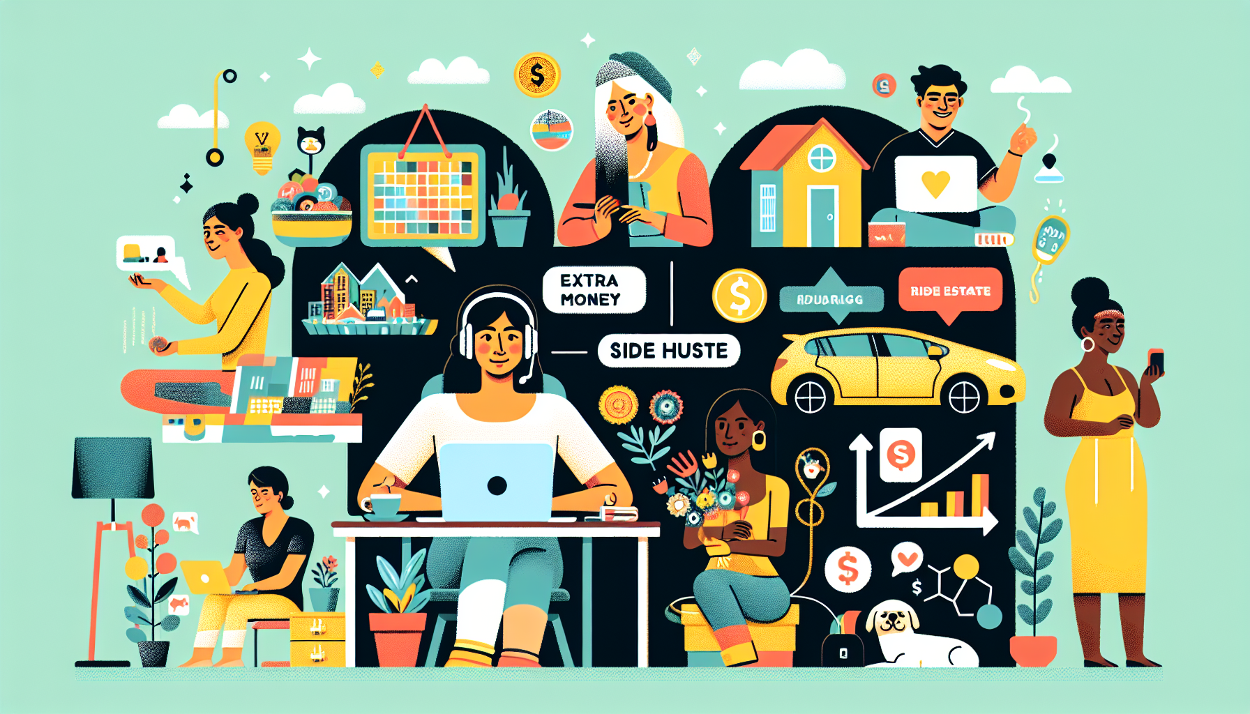 Create an image of a vibrant collage showcasing various side hustle activities for 2023. Include elements like a person typing on a laptop to represent freelance writing and blogging, a digital classroom icon for online tutoring, handmade crafts like jewelry or art, a car for ridesharing services, a house for real estate, a headset for virtual assistance, stock market graphs for investing in stocks or cryptocurrency, social media icons for affiliate marketing, a pet care scene for dog walking, and a house with an Airbnb logo for renting space. Add a banner or text overlay with Top 10 Side Hustles for Extra Money in 2023 at the top. The overall feel should be dynamic, illustrating diverse opportunities in a visually engaging way.