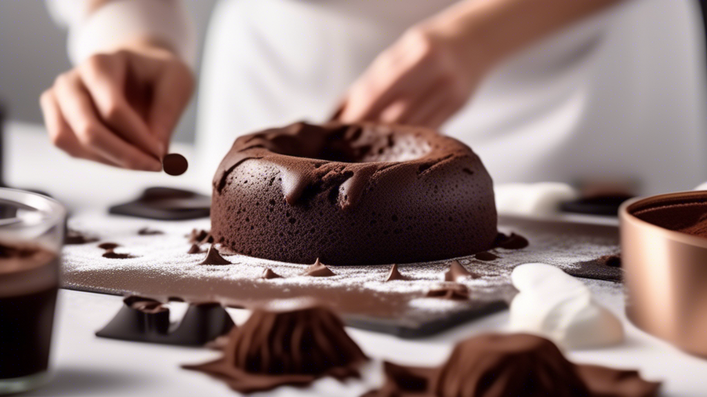 An elegant kitchen scene where a skilled baker is meticulously preparing a Keto Chocolate Lava Cake, measuring keto-friendly ingredients with precision. The focus is on the gooey chocolate center about to be placed into the oven, surrounded by other gourmet keto chocolate treats like sophisticated truffles, a multi-layered chocolate cake, and almond bark. An ethereal light highlights the fluffy, rising Keto Chocolate Soufflé in the background, emphasizing the art of gourmet keto baking.