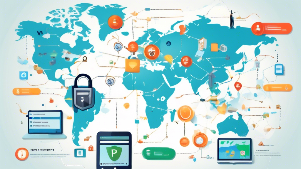 Create an image that visually illustrates the key characteristics of the best free VPNs. Include elements such as security protocols (like padlocks or shields), bandwidth limits (speedometer with a gauge), a variety of server locations (world map with server markers), user-friendliness (a user interface on a screen), and privacy policies (privacy shield icon). The image should also portray a comparative aspect between free and paid versions, perhaps by showing a split screen or a balanced scale. Incorporate vibrant colors to make it engaging and tech-savvy.