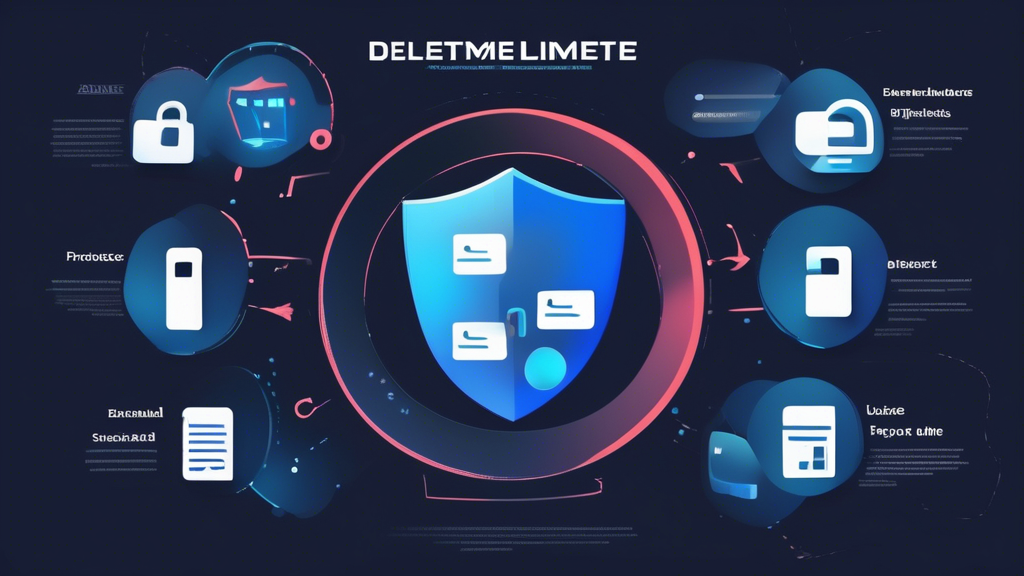 Create an image that visually represents how DeleteMe by Abine protects online privacy. The scene should illustrate a process of data removal from various online sources: depict digital figures or icons of personal information (like names, addresses, phone numbers) being erased or shielded. Include a symbolic shield or lock to represent enhanced personal information security. The setting should have a clean, high-tech feel to convey efficacy and reliability in privacy protection.