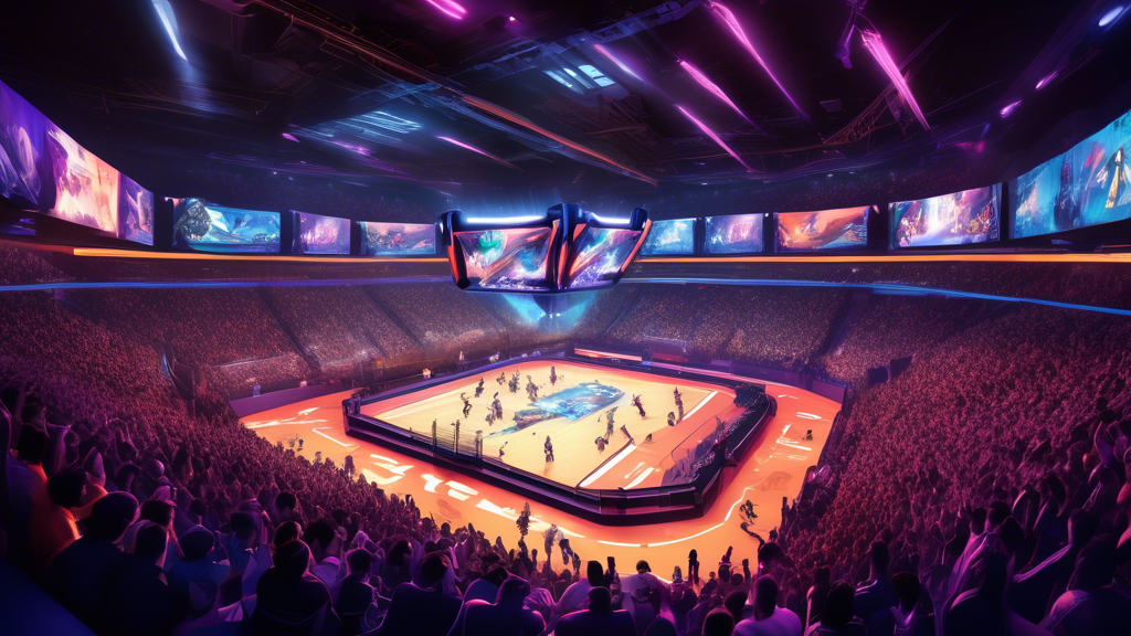 Create an image depicting the rapid growth and rising popularity of HSEL Esports. The scene should include a vibrant, bustling arena filled with cheering fans, colorful team banners, and large screens displaying gameplay. Highlight some key milestones with subtle visual elements such as trophies or symbolic dates on posters. Show a diverse community of enthusiastic players and supporters to emphasize the strong culture and community surrounding HSEL Esports.