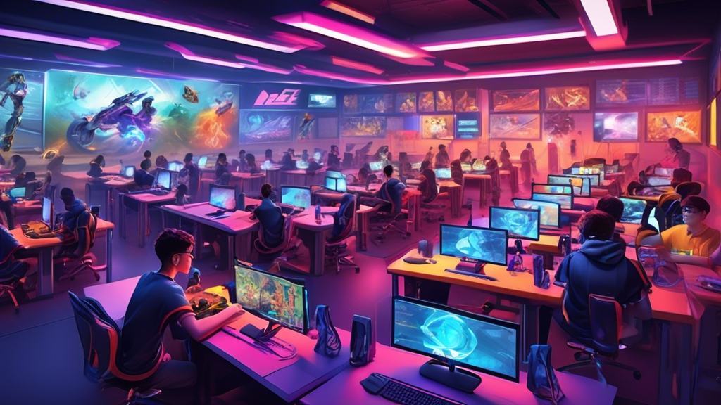 **DALL-E Prompt:** 

Illustrate a vibrant high school classroom converted into a modern esports arena, featuring students actively engaged in various aspects of HSEL Esports. Highlight students honing their skills at gaming stations, others learning coding and game strategies, and a few discussing future trends or career paths with mentors. Include elements that showcase educational benefits, such as charts on the wall showcasing potential career opportunities in esports, and some futuristic tech or equipment suggesting upcoming trends in the HSEL Esports landscape.