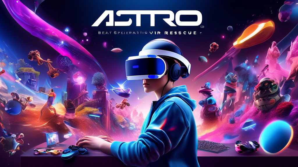 Create an image depicting a gamer wearing a PS4 VR headset, surrounded by vibrant, holographic game elements coming to life around them. Showcase the detailed exploration of key features such as realistic environments, immersive audio, and interactive gameplay. Include popular PS4 VR games like 