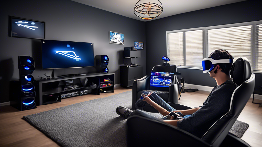 Create a detailed, realistic image of a gaming setup for PS4 VR, including a PS4 console, VR headset, motion controllers, and a comfortable gaming chair. Show the system being set up in a modern living room with a large TV screen displaying a PS4 VR game. Include visual cues for best practices and maintenance, such as neatly organized cables and a charging station for controllers. Add some popular VR accessories like noise-canceling headphones and a VR stand for the headset.