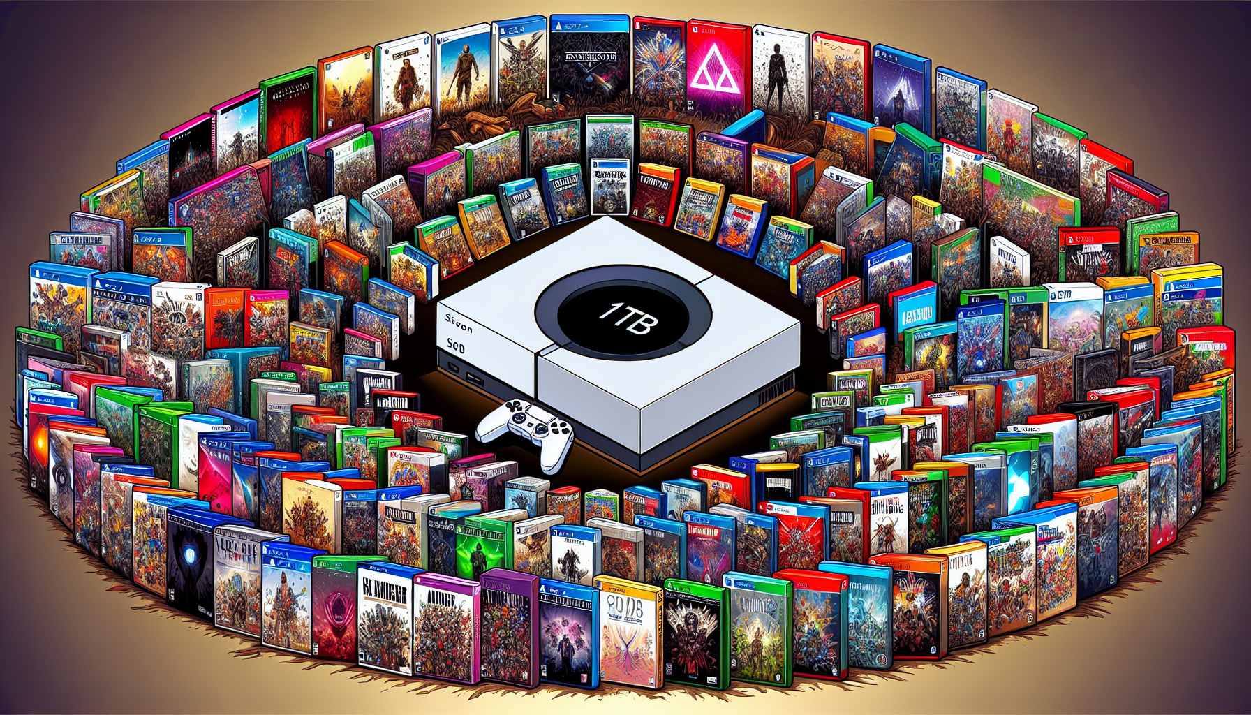 Create an image of a PS4 1TB console surrounded by a variety of iconic game covers, both modern hits and classic titles from the PS2 and PS3 era. Make sure to highlight the diversity and richness of the game library, showcasing exclusives and highly-rated games. The setting should evoke a sense of nostalgia and excitement, appealing to both new and returning gamers. Incorporate a background that hints at ongoing support and the console’s relevance today, such as developer logos or community fan art.