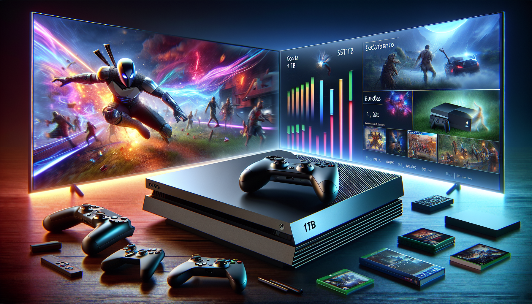 A sleek PS4 1TB console placed on a modern gaming setup, surrounded by vibrant gameplay scenes projected on a high-resolution screen. Show detailed graphics and fluid motion on the screen to highlight performance. Include a price comparison chart showing the cost savings of the PS4 1TB compared to newer consoles. Add visual elements like game bundles and accessories to emphasize cost-effectiveness and appeal to budget-conscious gamers.