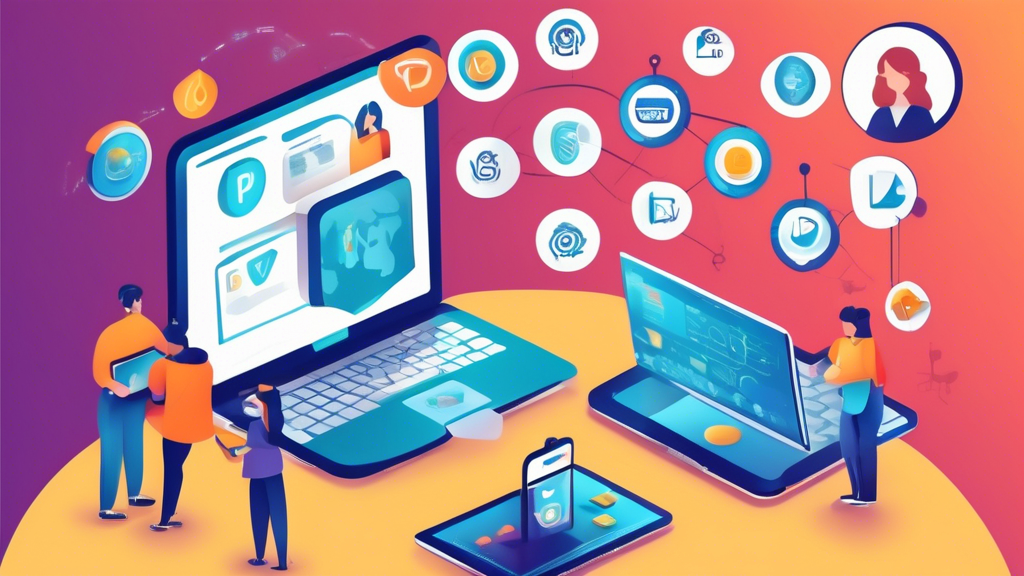 Create an image focusing on cost-effective internet privacy solutions provided by a gratis VPN. Show a person happily using multiple devices (smartphone, laptop) with icons representing encryption and privacy shields around them. Include a pie chart or financial graphics comparing free vs. paid VPN services, emphasizing the benefits and financial savings of gratis VPNs. Make the setting modern and tech-oriented to highlight the utility and accessibility of these tools.