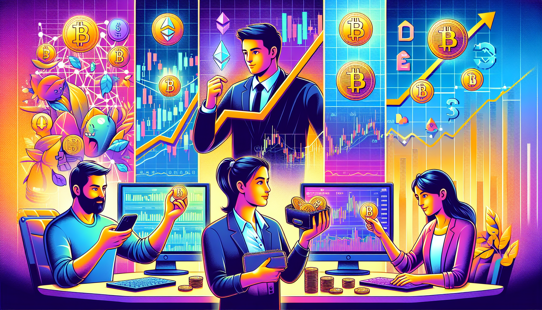 Create an image that illustrates various strategies for investing in cryptocurrency. Show a split screen with four distinct sections: 

1. One section depicts a person confidently holding onto a digital wallet with a HODL sign, set against a backdrop of fluctuating market charts.
2. Another section shows a trader intensely focusing on multiple computer screens with cryptocurrency charts and graphs, representing day trading.
3. The third section should illustrate a balanced portfolio displaying various cryptocurrency icons like Bitcoin, Ethereum, and altcoins, symbolizing diversification.
4. The last section features a calendar and a person consistently adding coins into a piggy bank at regular intervals, representing dollar-cost averaging. 

Use vibrant colors and modern, sleek design elements to reflect the dynamic and high-tech nature of the crypto world.