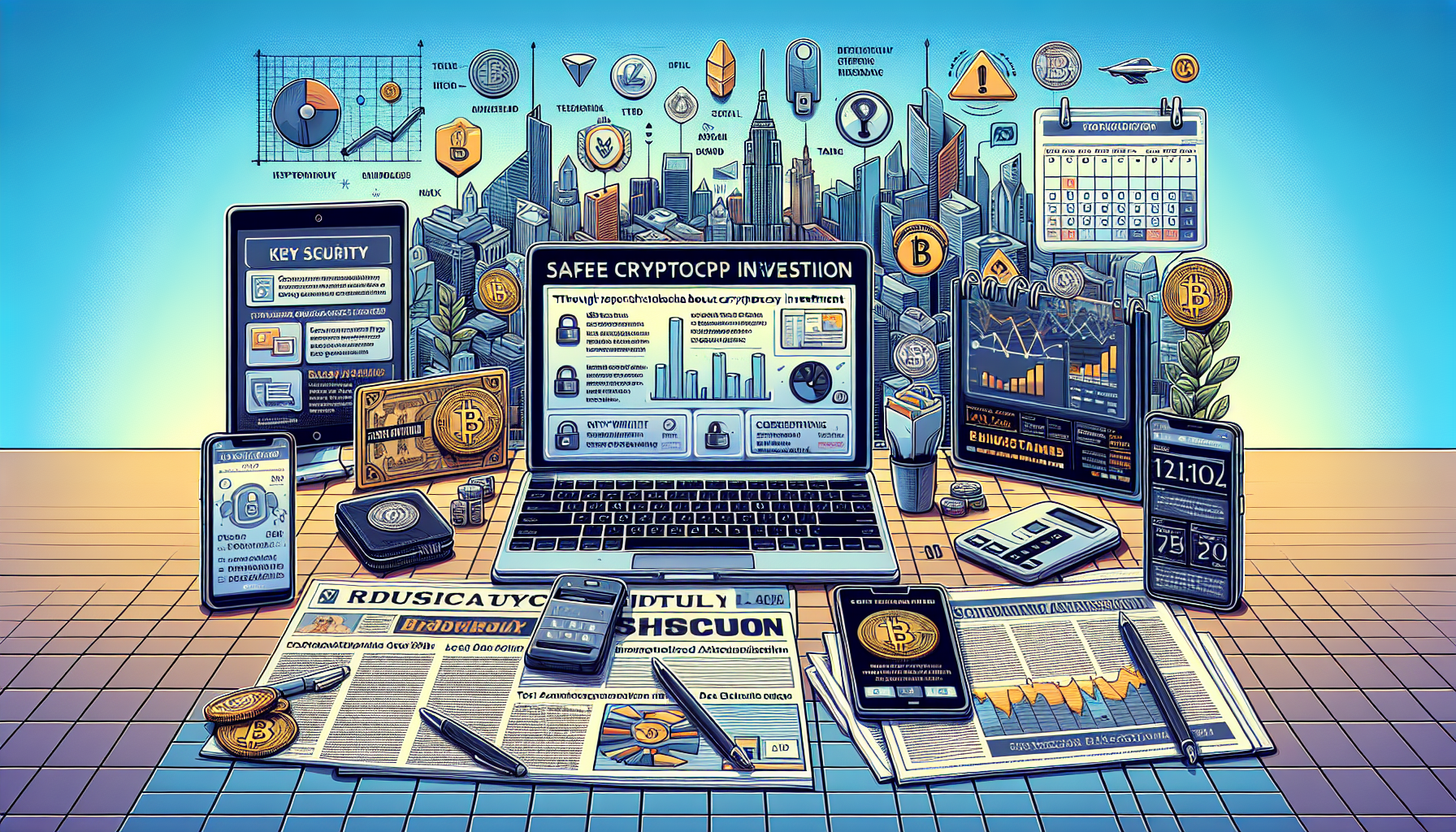 Create an image featuring a digital office desk setup where the main elements showcase the essential tips for safe and effective cryptocurrency investment:

- A laptop screen displaying detailed research about cryptocurrency projects and technology.
- A hardware wallet prominently placed next to the laptop.
- A smartphone showing a two-factor authentication app.
- Newspapers and magazines spread out, with headlines about cryptocurrency news and market analyses.
- A calendar marked with important cryptocurrency tax deadlines and regulatory dates.
- Subtle background elements like graphs and charts representing market trends, adding a layer of depth to the setting.
  
The overall mood should be professional and organized, highlighting the importance of diligence, security, staying informed, and understanding tax implications.