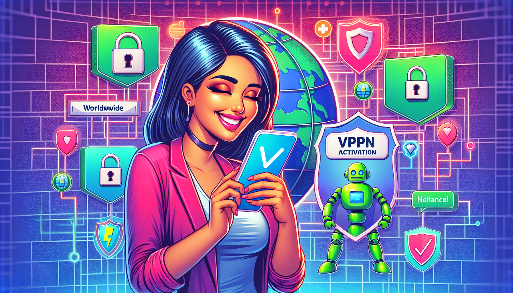 A digital illustration showing a person holding an Android smartphone with a VPN app actively running on the screen. The person appears content and confident, implying security. In the background, icons such as a lock, globe, shield, and lightning bolt symbolizing security, global access, privacy protection, and performance optimization are strategically placed. The Android mascot can be subtly included, reinforcing the Android theme. The scene is vibrant and tech-savvy, highlighting the importance of keeping the VPN activated, optimizing performance, and ensuring enhanced security and privacy.