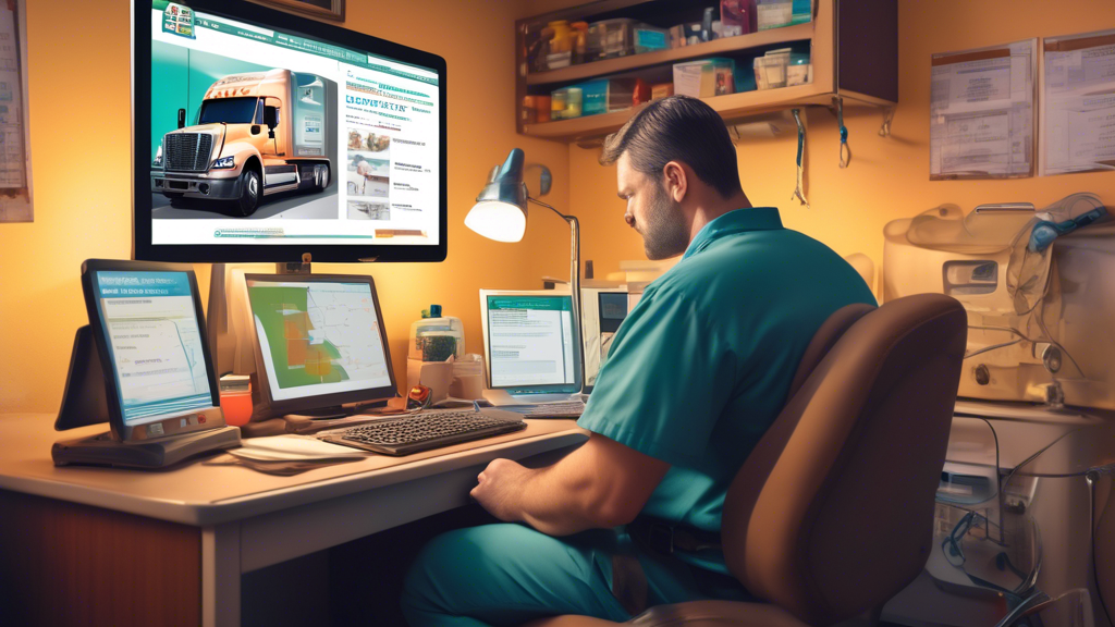 A commercial driver sitting at their computer, using an online healthcare directory to locate nearby clinics for a DOT CDL physical. The driver is focused, with various tabs open on the screen showing certified medical examiners and reviews. The background shows a cozy room with some driving-related memorabilia, such as a model truck and framed licenses.