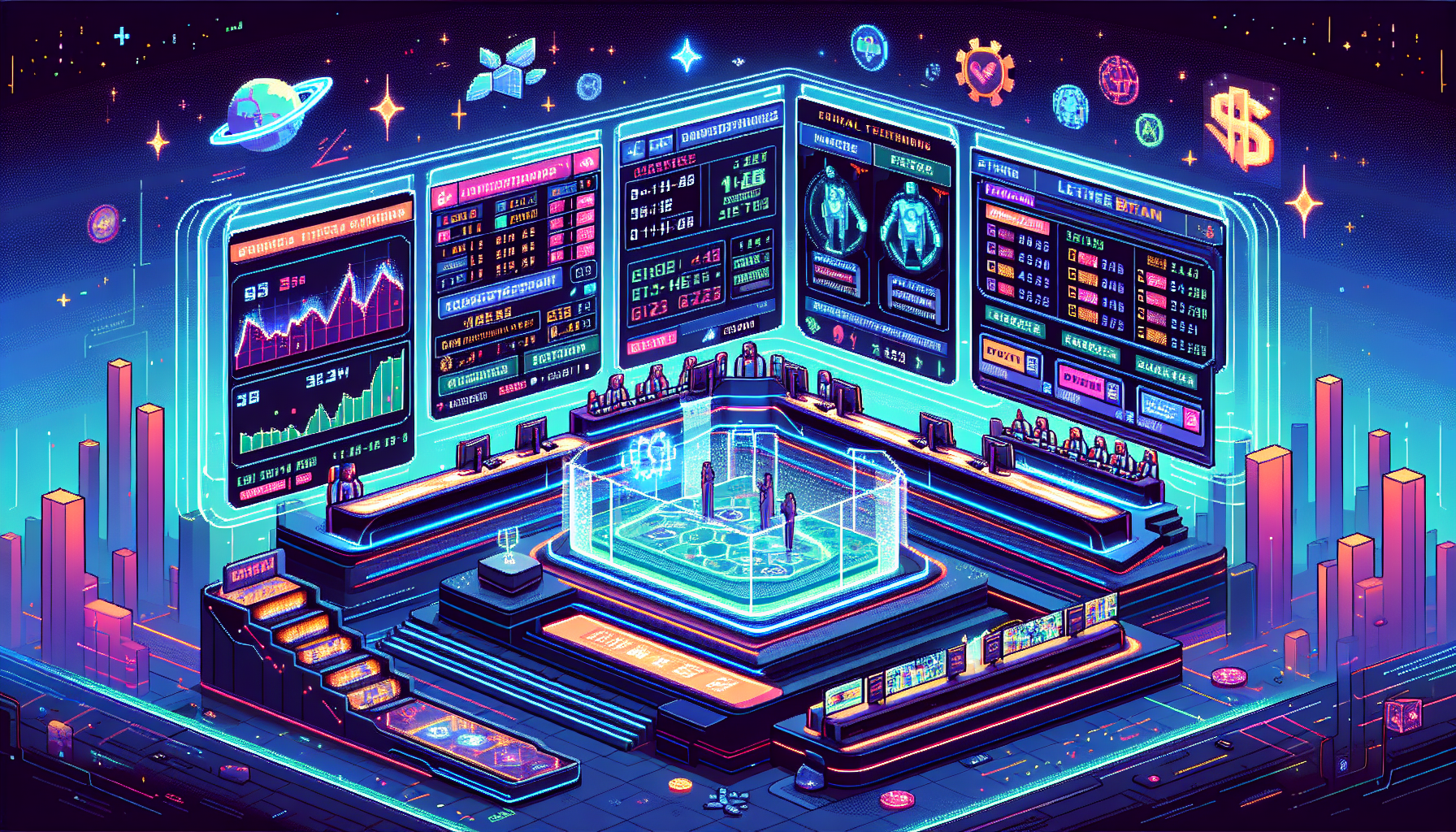 Create an image capturing the concept of innovative technologies and future enhancements in Bet365 esports betting. The scene should be futuristic and dynamic, showcasing a high-tech online betting platform. 

Include holographic interfaces displaying various esports games, live betting options, and analytical tools. Feature cutting-edge elements like augmented reality integrations, AI-powered predictions, and virtual reality betting experiences. Highlight Bet365 branding to emphasize its role in the evolving esports ecosystem.

Keyword: bet365 esports technology.