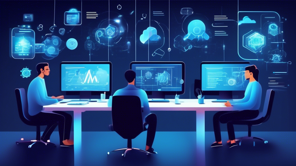 Create an image showcasing the latest trends and innovations in SaaS (Software as a Service). The scene should feature a modern office environment with employees interacting with advanced AI and automated systems on their screens. Highlight various state-of-the-art technologies like machine learning algorithms, data analytics dashboards, and cloud security features prominently. The setting should convey a sense of innovation and cutting-edge progress in the SaaS industry.