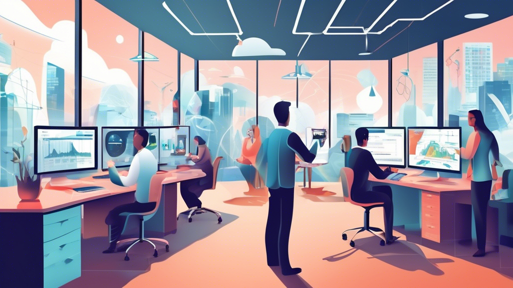 Create an image depicting the major impacts of SaaS (Software as a Service) on modern businesses. Illustrate a dynamic office environment where employees are collaborating seamlessly through various SaaS applications on different devices. Highlight the efficiency and teamwork fostered by these tools, and include visual elements that represent market changes and competitive advantages driven by SaaS. Incorporate futuristic aspects to indicate the future developments and perspectives in the SaaS industry.