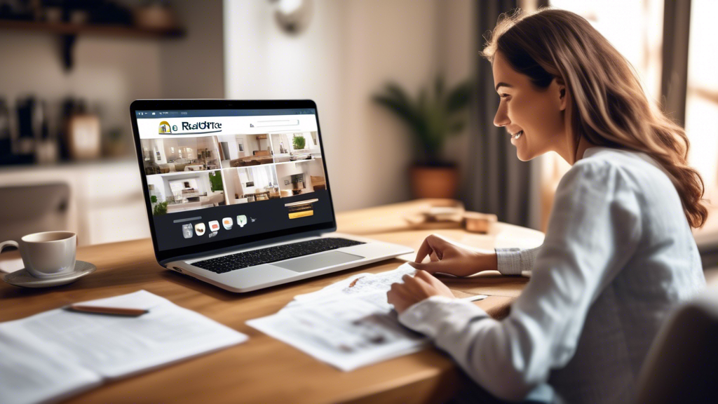 Create an image depicting a person using a laptop in a cozy home environment, searching for local realtors online. The screen should display a search engine with the query 