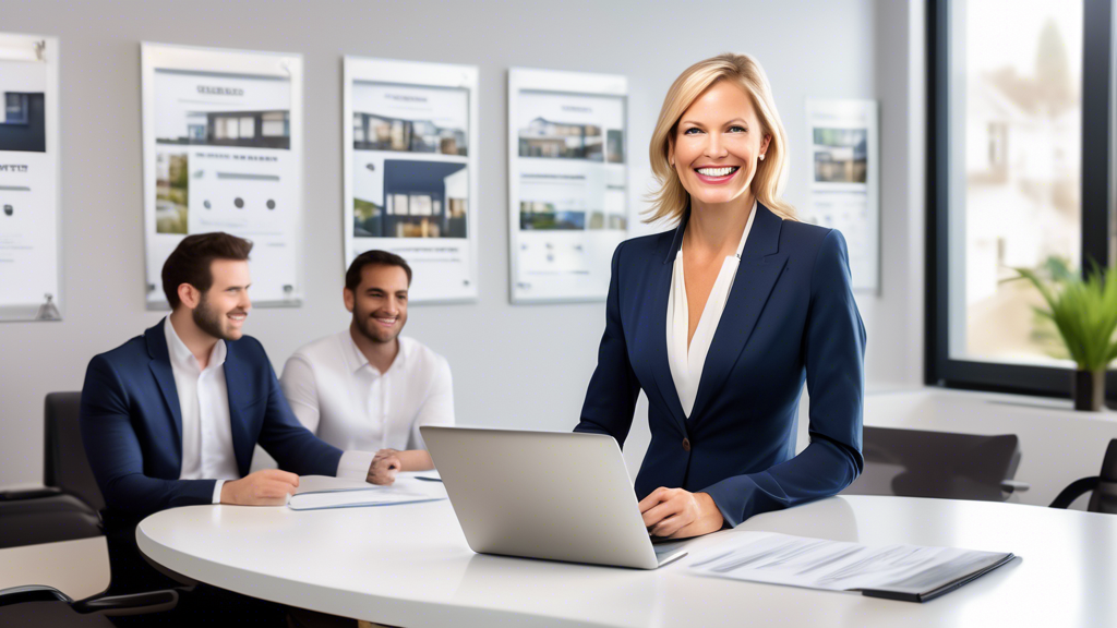 Create an image of a friendly, professional realtor engaging with clients in a modern, inviting office setting. The realtor has multiple awards and credentials displayed behind them on the wall, symbolizing their reliability and expertise. The clients look relaxed and attentive as they review property listings on a laptop and discuss details with the realtor, reflecting good communication and rapport. The scene should be well-lit and welcoming, capturing the importance of finding a trustworthy and experienced local realtor.
