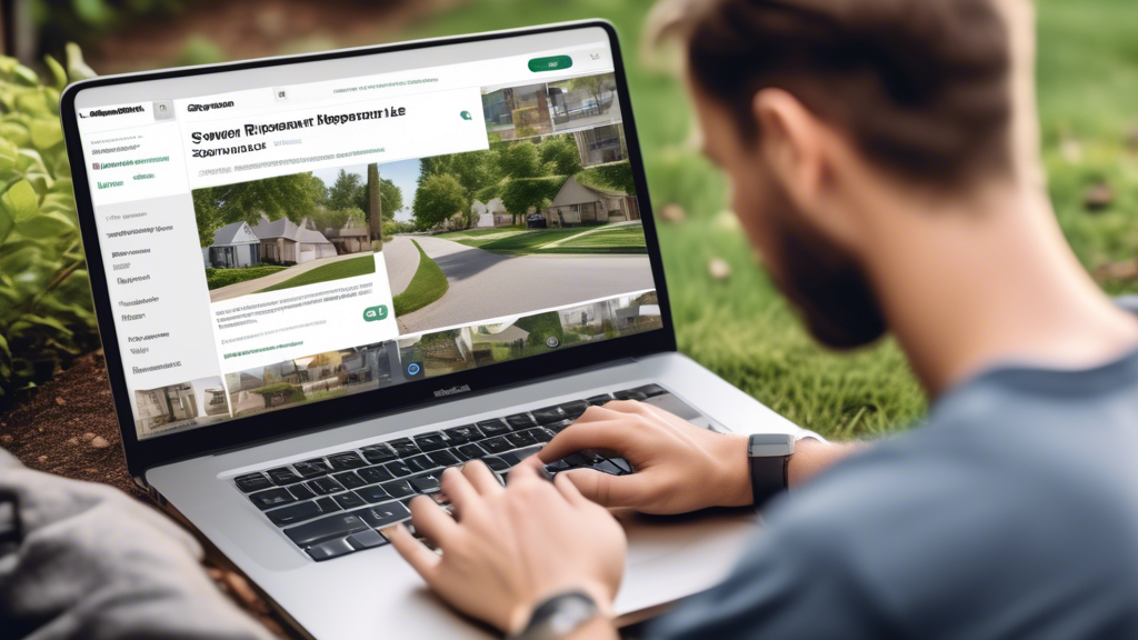 Create a high-resolution image that illustrates a person using a laptop and smartphone to search for sewer line replacement near me. The screen should display search results including online reviews and local directories. In the background, include a neighborhood setting with homes, giving a sense of community.