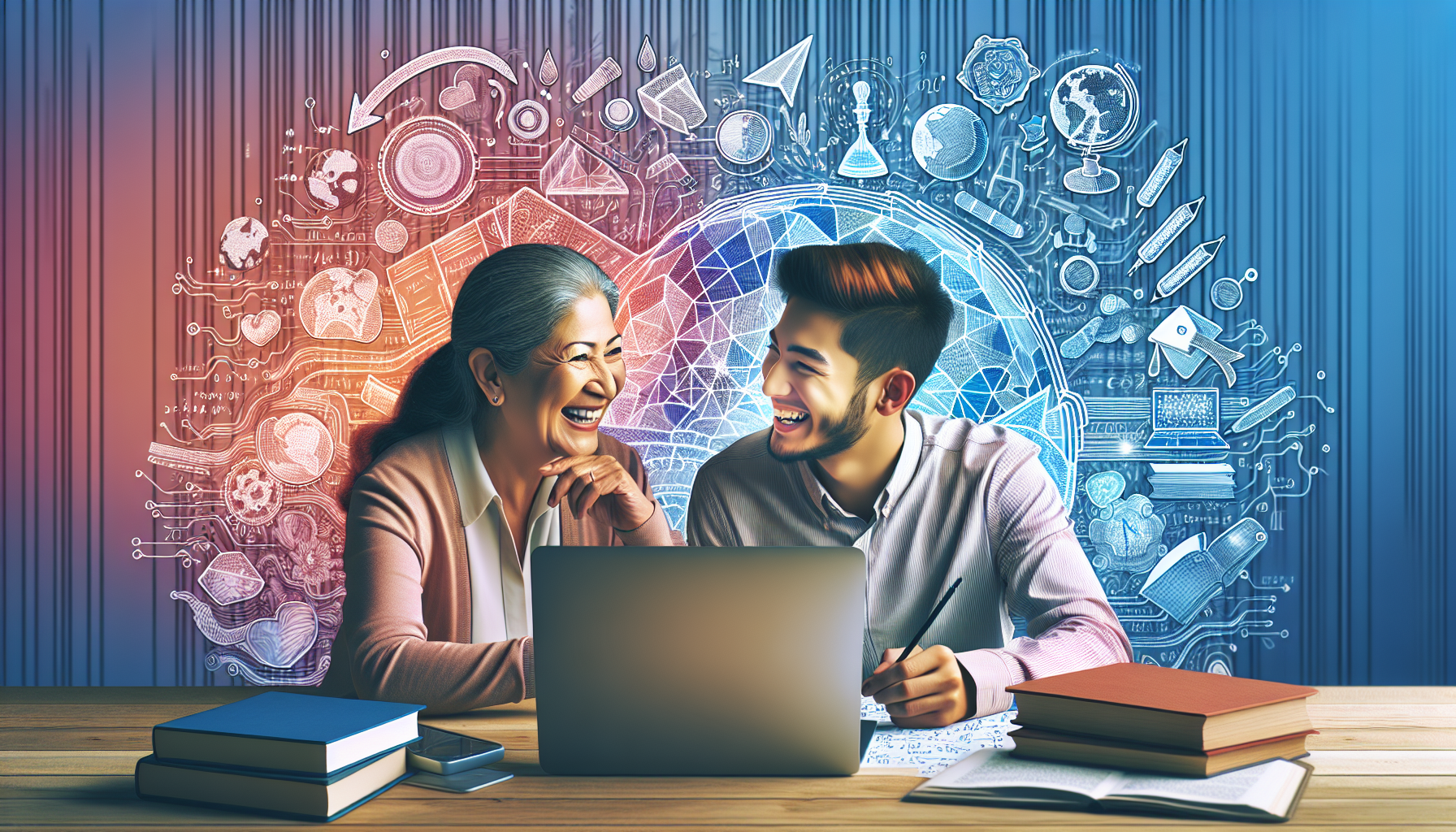 Create an image of a person happily teaching a student online via a laptop. The background should include educational elements like books, a globe, and a whiteboard with math equations. Include bright colors and a professional yet approachable setting to emphasize the increasing need for online tutors and the educational aspect of this side gig to make money.