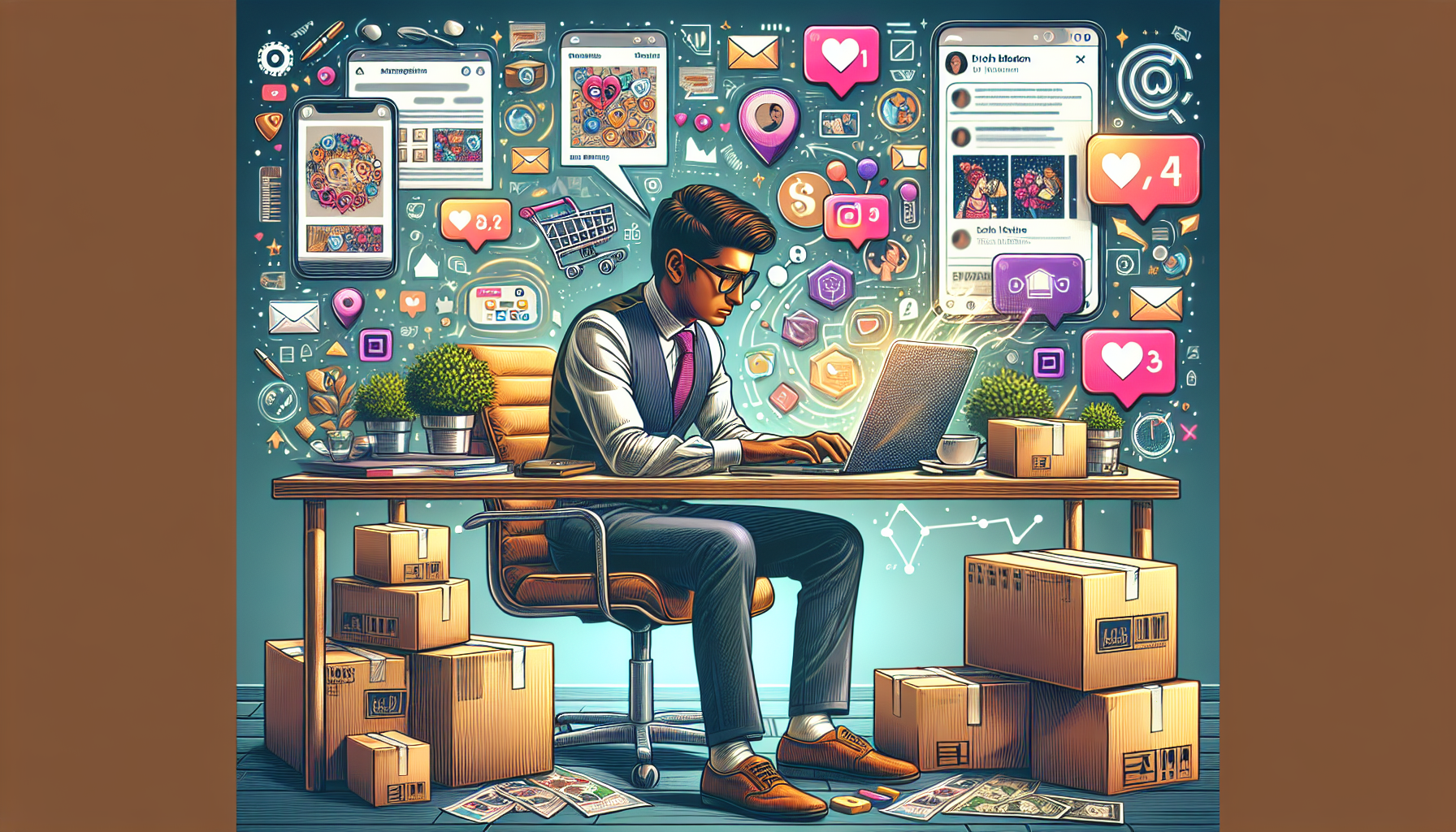 A bustling home office scene with an entrepreneurial individual setting up e-commerce on their laptop, surrounded by packages ready to ship. Display social media notifications popping up on their phone with engagement on shoppable posts. Show creative product photos and engaging advertisements on the computer screen, with a vibrant aesthetic that captures the excitement and potential of modern e-commerce and shoppable social media as side gigs to make money.