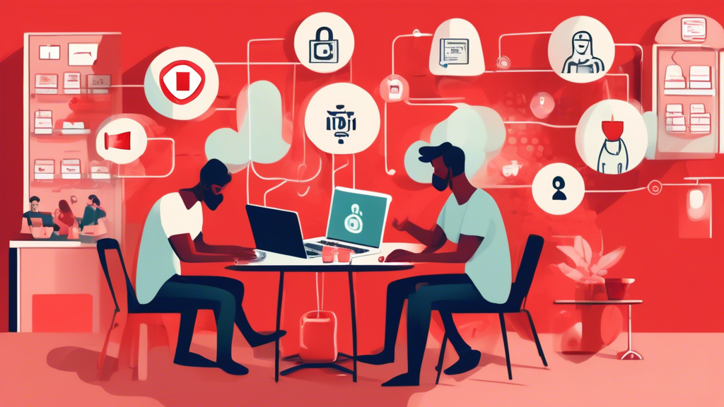 A visually compelling image that illustrates enhanced security through a VPN service: depict a person using a laptop in a bustling café, connected to a public Wi-Fi network. Visual elements should include a digital shield emanating from the laptop, symbolizing protection. Use icons such as padlocks, encrypted data streams, and hacker figures with a red cross over them to represent security measures against hackers and cyberattacks. The background should hint at various people using their devices, emphasizing the vulnerability of public networks. Keywords: VPN service, data protection, public Wi-Fi security, cyber defense.