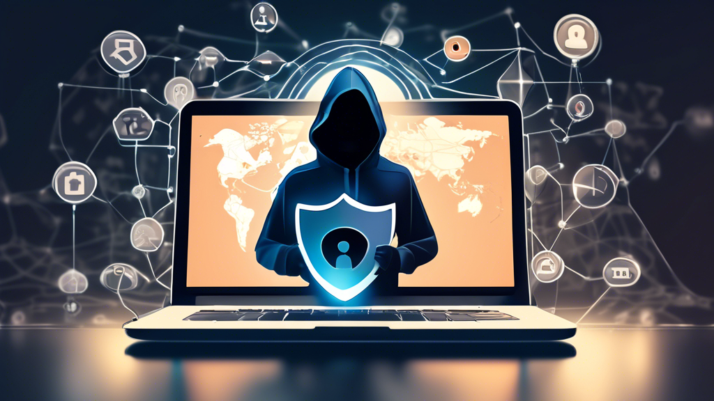 Create an image that showcases a serene person using a laptop with symbols of privacy protection, such as a shield and padlock. Their IP address is hidden, represented by a floating mask icon in front of the laptop screen. Background elements include world maps and location pins demonstrating access to geographically restricted content. The overall tone is secure and private internet browsing, with a professional and tech-savvy atmosphere. Keywords: vpn service, anonymous web browsing, privacy protection, hidden IP address.