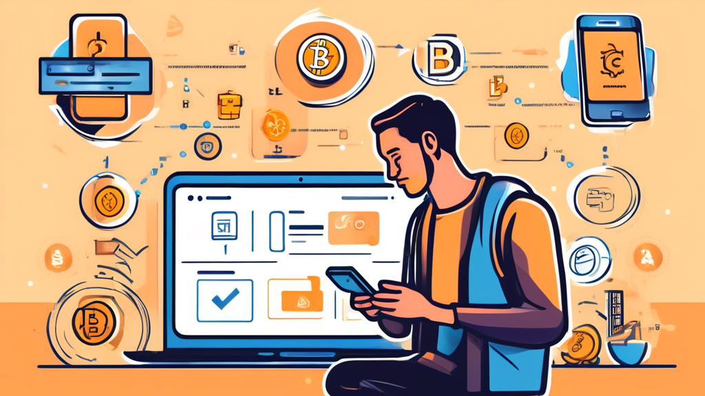 Illustration showing a person setting up a crypto wallet on their smartphone, comparing features on different cryptocurrency exchanges on a laptop, and finally making their first crypto purchase with a credit card. The background should include icons representing security measures, various cryptocurrencies, and exchange platforms. The overall style should be clean, modern, and simplified to highlight the step-by-step process.