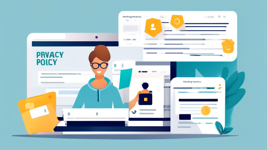 Create an image that showcases a step-by-step process for crafting a privacy policy for an online store. The image should include a laptop displaying a privacy policy template, a user actively editing the document, icons representing different sections like 