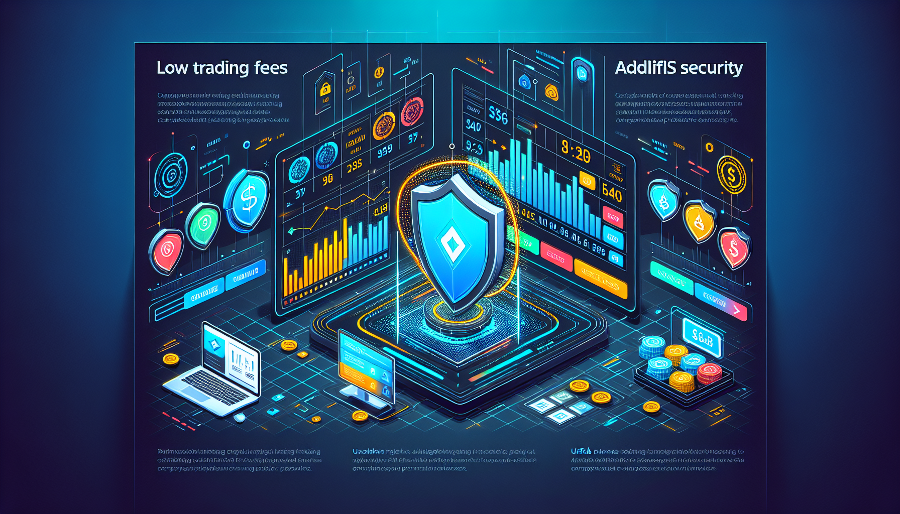 Create an image with the following prompt:

A modern cryptocurrency trading platform interface with elements highlighting low trading fees, advanced security measures, and user-friendly tools. The scene should be set in a sleek, high-tech environment with visual representations of fees comparison charts, security shield icons, and simplistic, intuitive navigation tools that signify convenience for traders. The platform