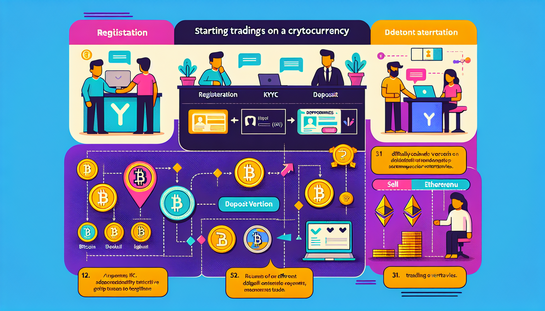 **DALL-E Prompt:**

Create an illustrated step-by-step guide for beginners on how to start trading on Gate.io. The image should include:

1. A section showing the registration process and KYC requirements with icons representing ID verification and secure data inputs.
2. A visual of various deposit options with images of different supported cryptocurrencies like Bitcoin, Ethereum, and others.
3. A tutorial-like sequence demonstrating how to execute the first trade, including screenshots of the user interface, buy/sell options, and a trading chart.

The overall style should be modern, clear, and user-friendly to help newcomers easily understand the process.