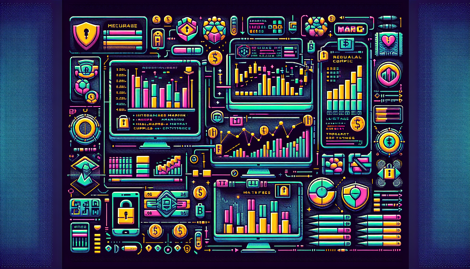 Create a detailed illustration showcasing the top features to look for in the best margin trading platform for crypto. The image should include representations of advanced security measures and regulatory compliance, various leverage options with trading pairs, an intuitive user interface displayed on both desktop and mobile devices, and a breakdown of typical fees and charges. Use sleek and modern aesthetics to reflect the cutting-edge nature of cryptocurrency trading platforms.