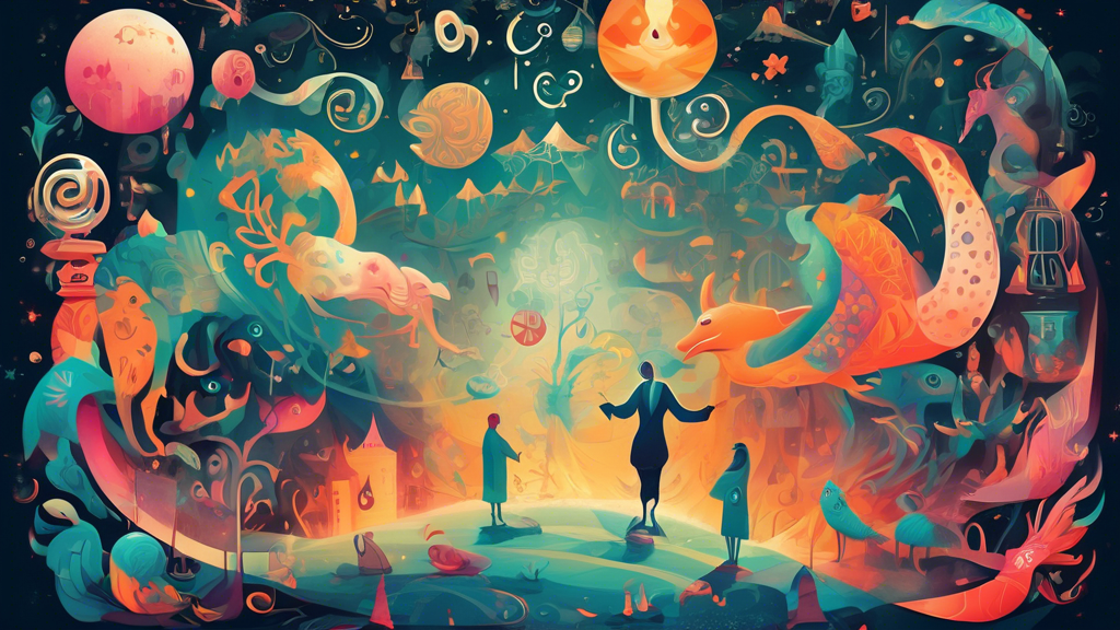 Create an image of a mysterious dream world where fantastical creatures and symbols blend with numerical patterns representing predictions, surrounded by a haze of myths and storytelling. Let the scene convey both the enigmatic allure and the skepticism surrounding dreams and lottery predictions.