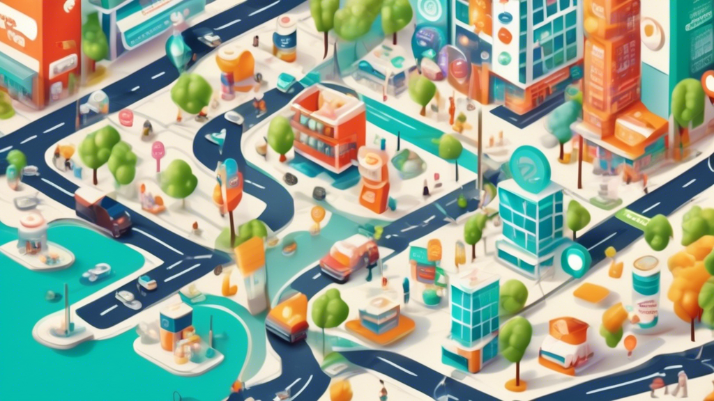 An animated digital map dotted with icons representing pharmacies, health stores, and convenience stores in a bustling cityscape. Highlighted routes and markers show optimal paths to each location. A smartphone displays an app with 