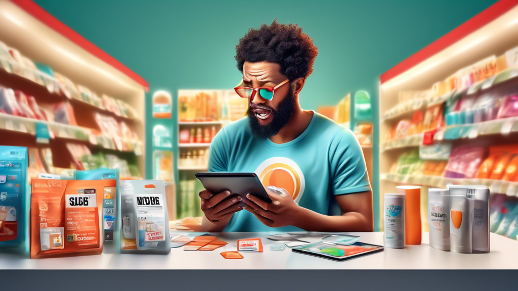 Digital illustration of a modern shopper comparing hangover patch prices on a tablet, with multiple browser tabs open showing different online marketplaces like Amazon and eBay, with visibly different customer reviews and prices.