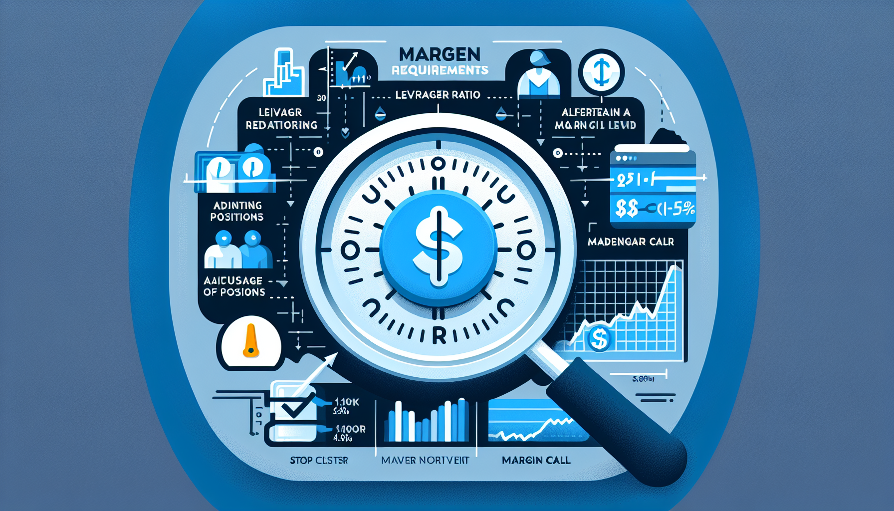 Create an image titled How Forex.com Margin Works: A Detailed Breakdown. The image should feature the following elements:

- A visual representation of Margin Requirements with a scale or graph showing the calculation process.
- An illustration of the Leverage Ratio, perhaps with a magnifying glass zooming in on a small amount of money that becomes larger.
- A diagram of Maintaining Margin Levels, showing steps such as monitoring charts, adjusting positions, and avoiding a margin call with a warning icon.

The overall style should be professional and educational, using clear icons and labels, with a color scheme that reflects reliability and expertise, such as blues and greys.