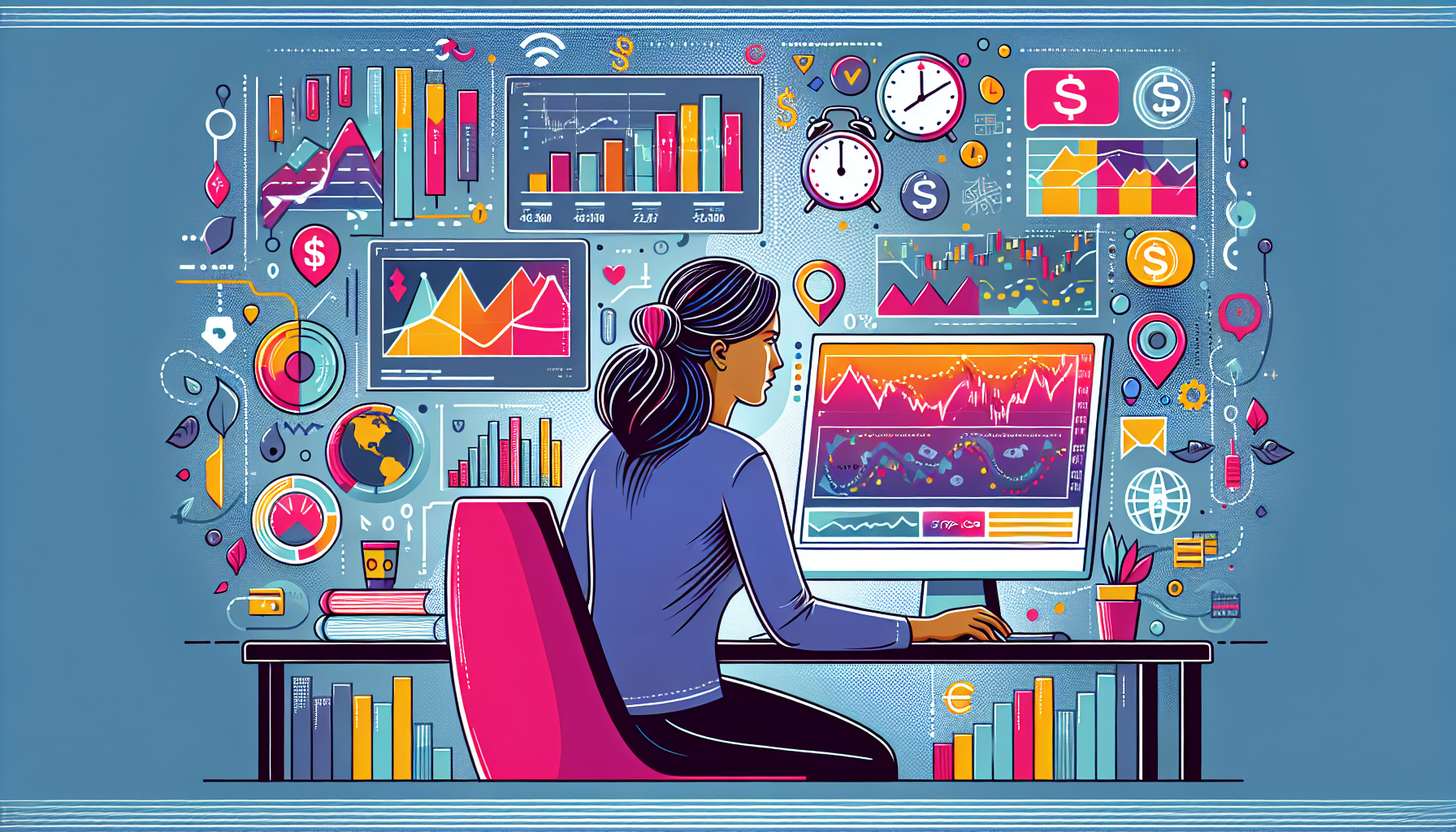 Create an image depicting a forex trader at their desk. On one side, they are analyzing charts and data on a computer screen, showing charts and graphs. On the other side, show visual elements representing risk management techniques—such as stop-loss orders, hedging strategies, and diversification options. Include icons or symbols representing monitoring tools, like alerts or notification pop-ups, to imply the importance of regular adjustments. The background should feature a calm, focused office environment with subtle financial motifs such as world clocks or currency symbols.