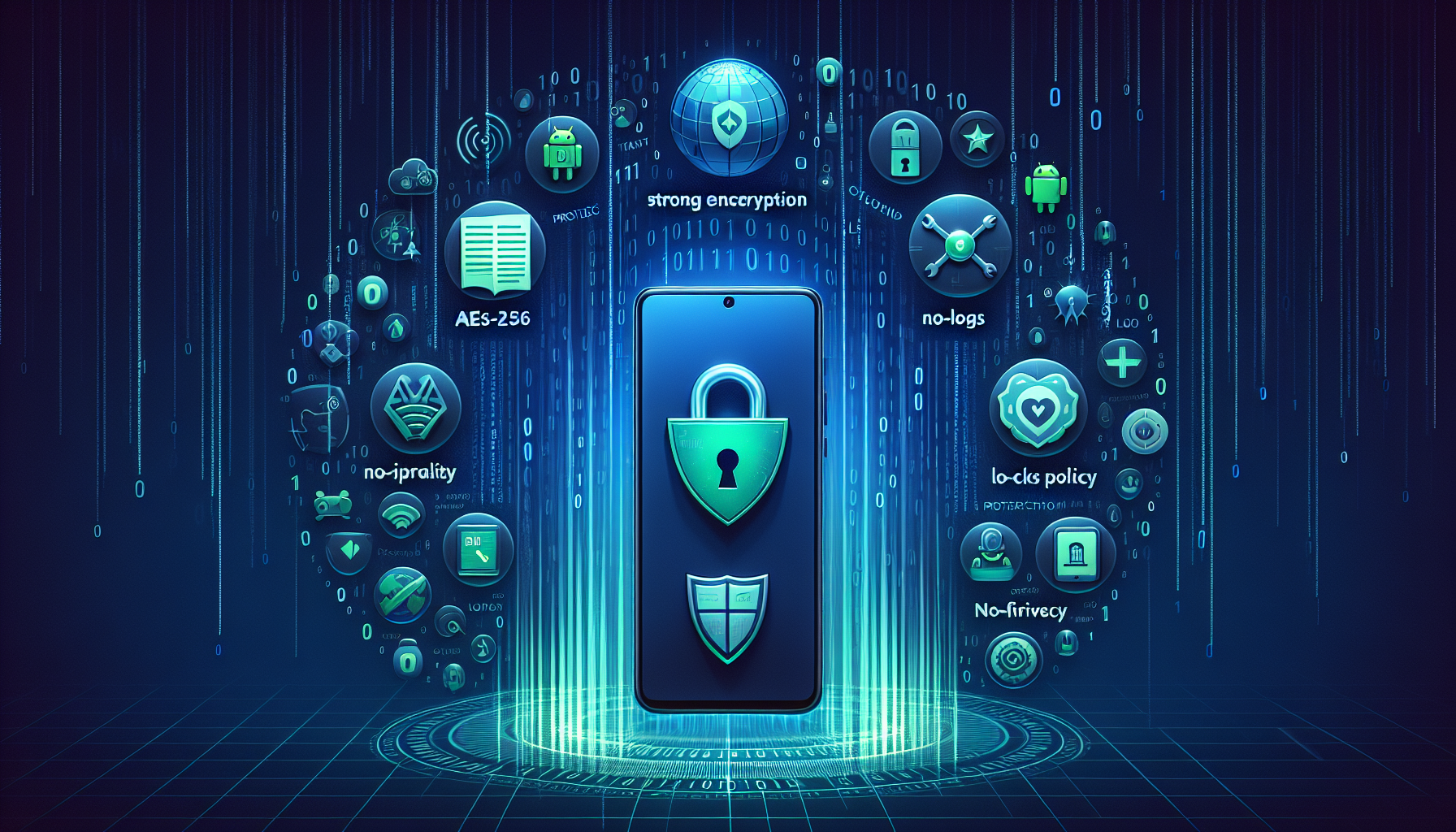 Create an image that features a modern Android smartphone surrounded by visual elements that represent key characteristics of the best VPN for Android. Showcase icons or graphics for Strong Encryption (AES-256 lock), No-Logs Policy (logbook with a slash through it), and User-Friendly Interface (simple, intuitive app layout). The background should hint at digital security with abstract binary code flowing and shield symbols, emphasizing protection and privacy. Use a sleek, tech-savvy color palette with blues and greens to convey trust and efficiency.