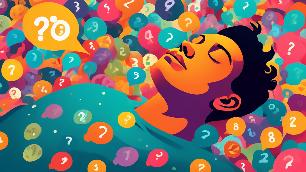 Create an image of a person sleeping peacefully in bed with a thought bubble above their head containing various lottery numbers, surrounded by floating question marks and a subtle hint of mystery and curiosity in the air.