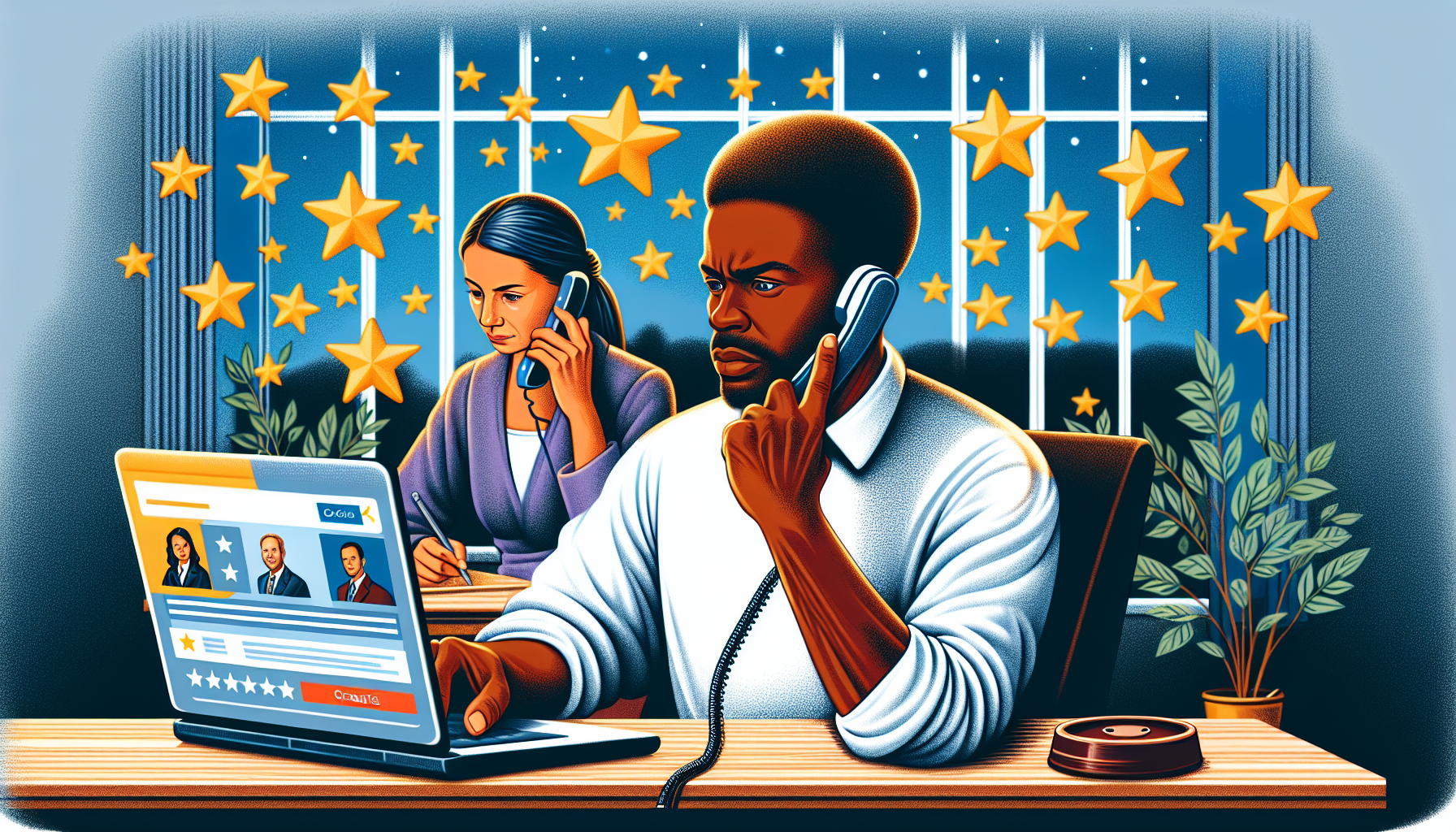 An illustration of a person sitting at a desk using a laptop to browse through an online directory of lawyers, surrounded by floating images of stars representing ratings; nearby, another person is on a phone call with a state bar association to verify credentials. Both individuals are depicted in a comfortable, home office setting, showing a focused and attentive atmosphere.