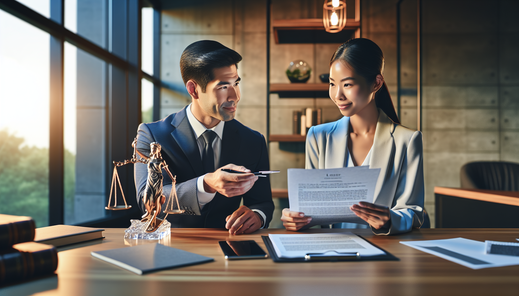 An image depicting a potential client sitting in the office of a top-rated personal injury lawyer during their initial consultation. The client is carefully examining a document that outlines the lawyer